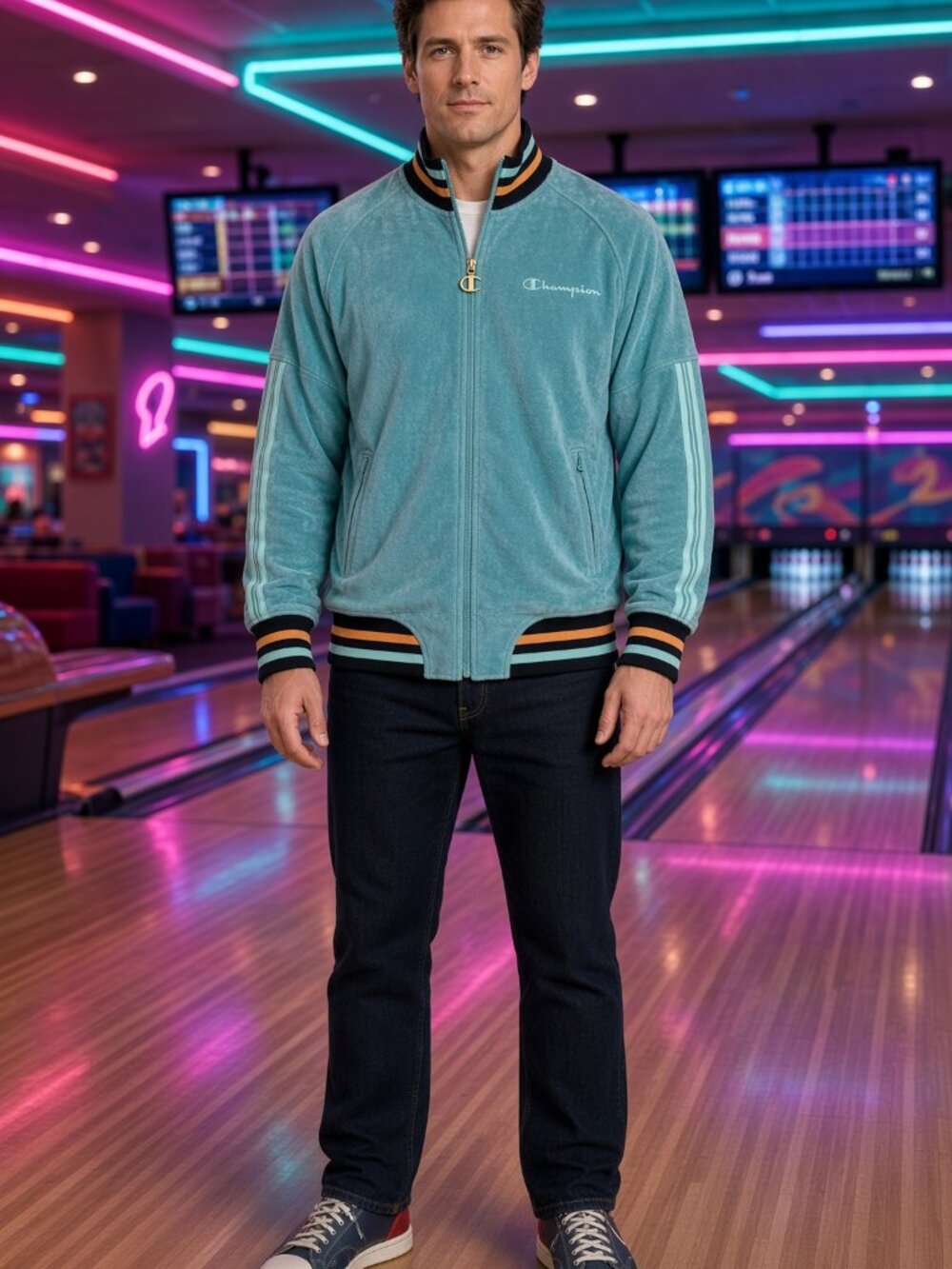 Champion Men Turquoise Velour Full Zip Jacket Sport Casual Sweatshirt US XS
